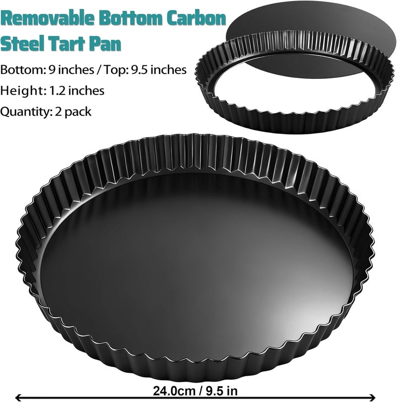 EPPARN Tart Pan 2 Pack, 9 Inch Non-Stick Carbon Steel Pie Pan, Tart Pans with Removable Bottom - Perfect Molds for Making Quiches, Brownies, and Fruit Tarts with Grooved Edges - Image 2